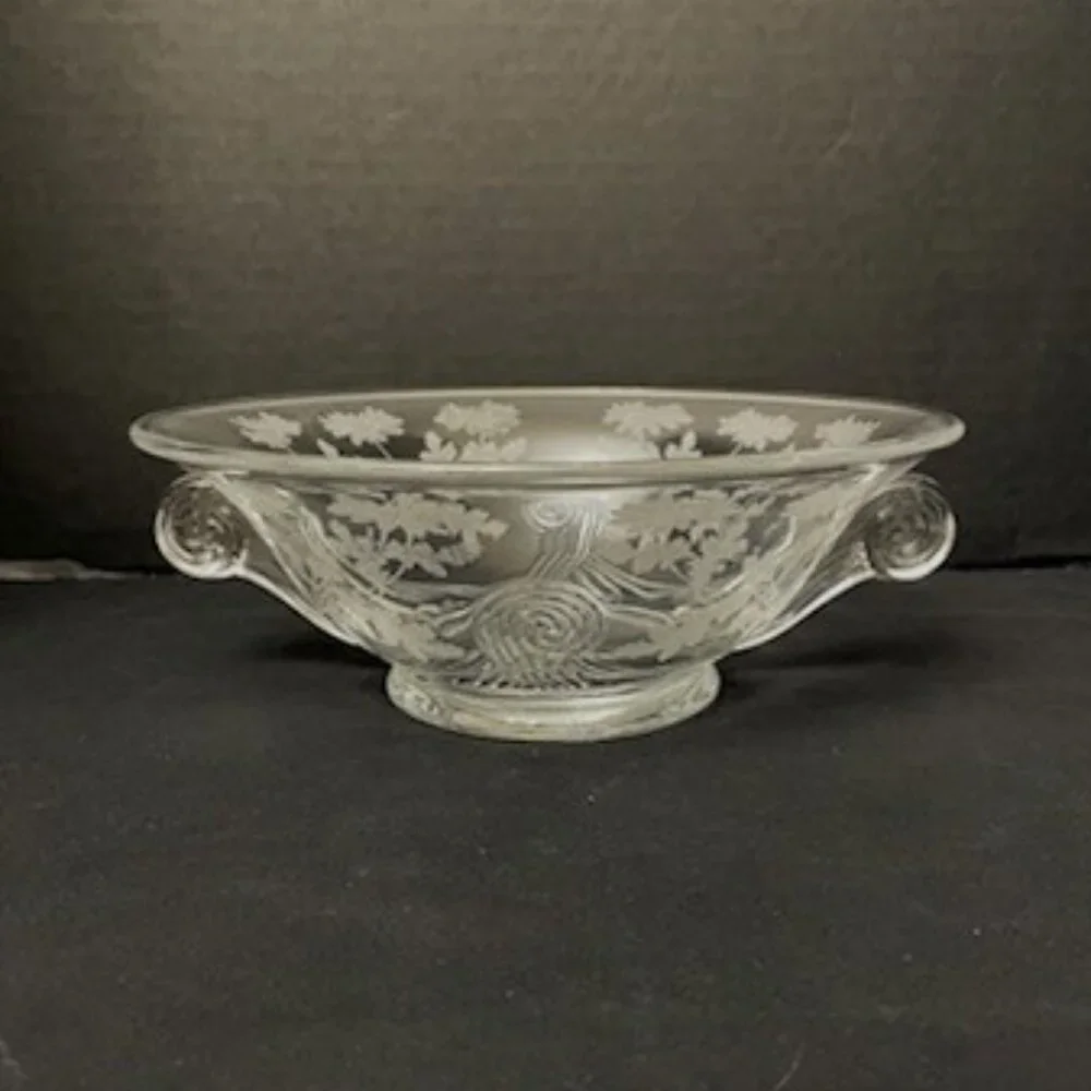 Vtg Etched Glass Bowl Floral Flowers Scrolled‎ Handles 9